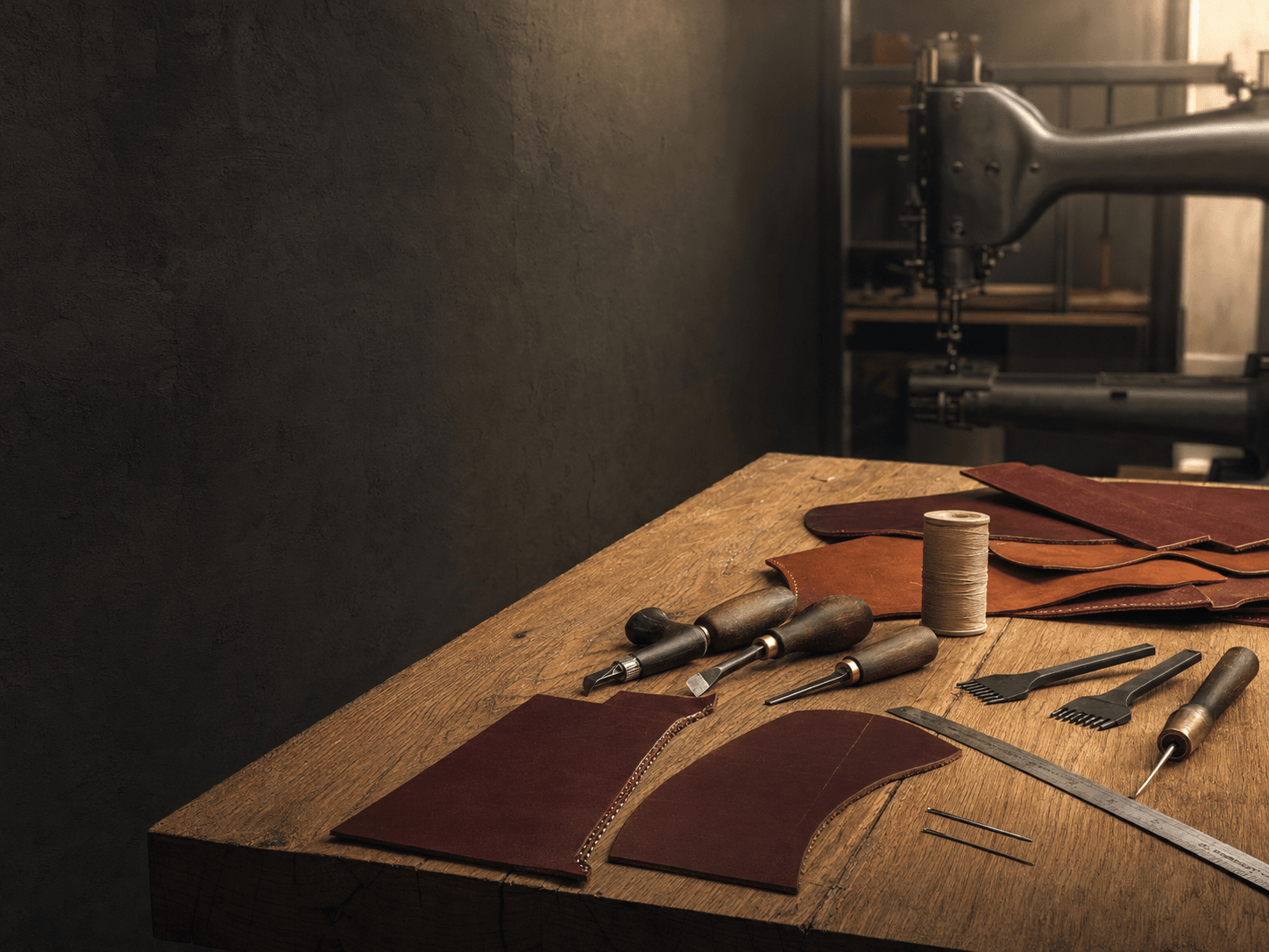 Leather pieces and hand tools on the LÆVIK workshop bench